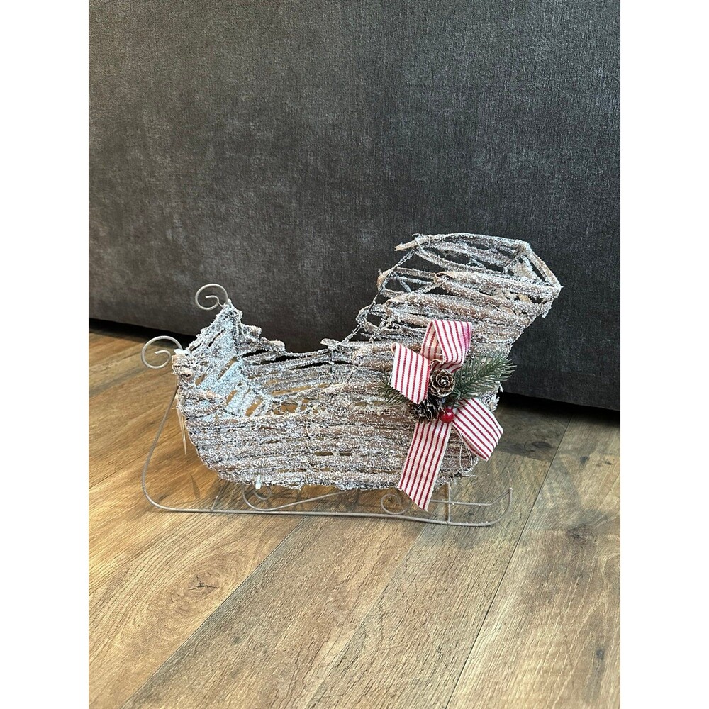 Glitter Sleigh Christmas Decor with Red Ribbon and Pinecone